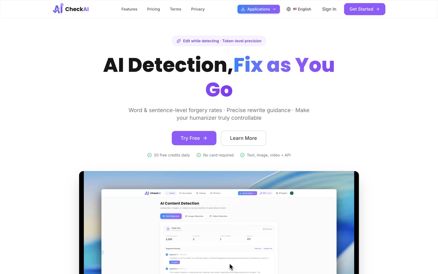 CheckAI landing page — AI Detection, Fix as You Go